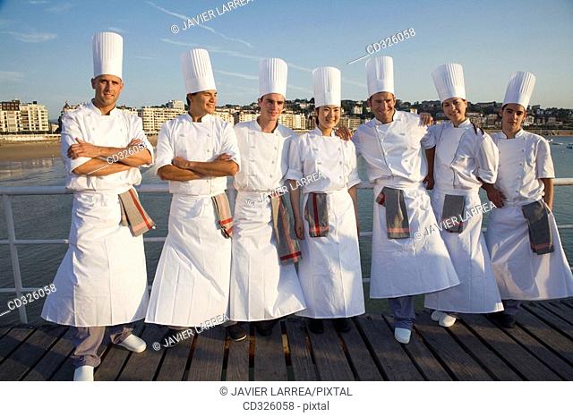 Chefs at Bahia de La Concha. Luis Irizar cooking school. Donostia, Gipuzkoa, Basque Country, Spain