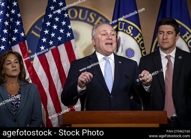 United States House Minority Whip Steve Scalise (Republican of Louisiana) offers remarks during a press conference at the US Capitol in Washington, DC, Tuesday
