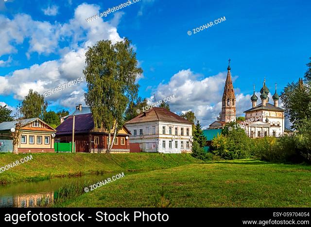 Cityscape with church and river in Nerekhta, Russia