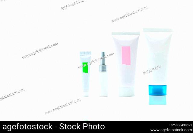 Cosmetic tube set isolated on white background. Skin care cream product mockup. Skin care bottle with blank label. Facial care packaging