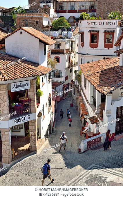 View from the town hall into the narrow streets of Taxco de Alarcon, Guerrero, Mexico