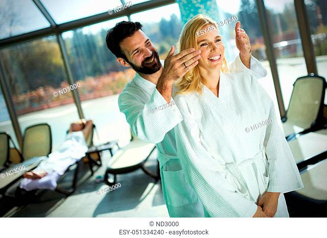 Portrait of attractive couple enjoying in spa center