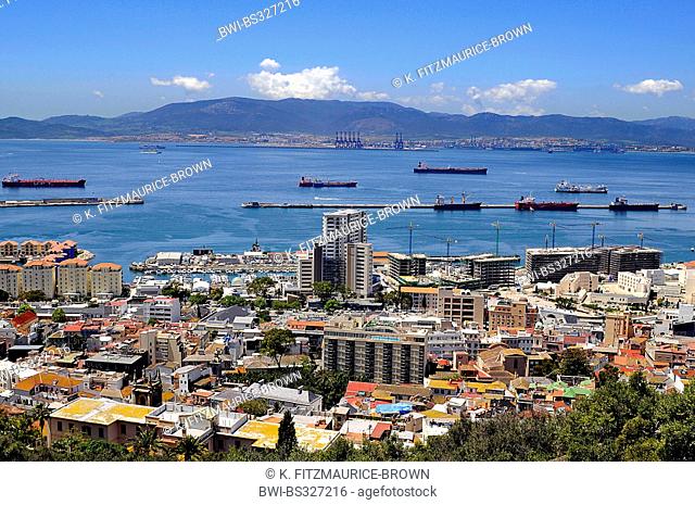 oil tankers in the bar of Gibraltar, spanish mainland in background, Gibraltar, Gibraltar