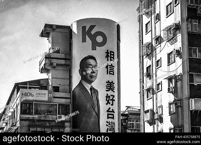 Taiwan People's Party (TPP) Chairman Ko Wen-je (nickname KP or KO) election banner in Taipei, Taiwan on 22/11/2023 The opposition to the ruling DPP party is...