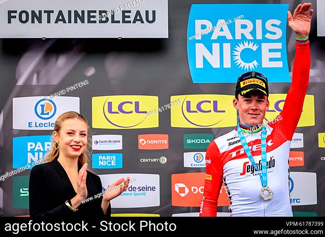 Danish Mads Pedersen of Trek-Segafredo pictured on the podium after winning the second stage of the 81st edition of the Paris-Nice eight days cycling race