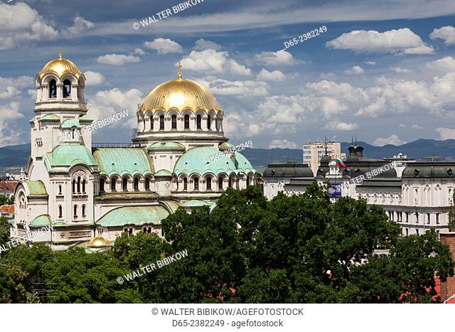 Bulgaria, Sofia, Ploshtad Alexander Nevski Square, Aleksander Nevski Church, elevated view, daytime