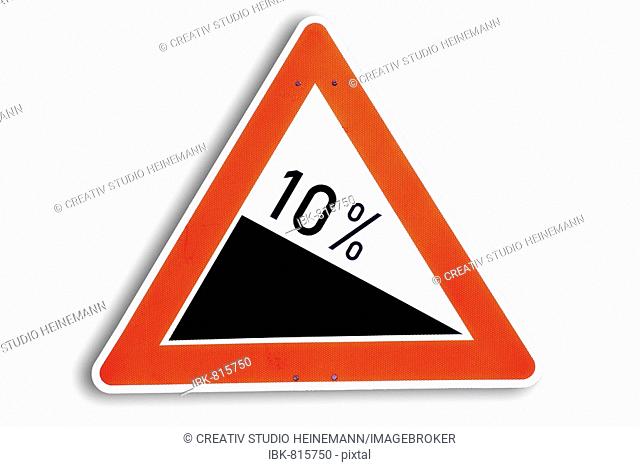 Traffic sign, 10% gradient, grade, slope