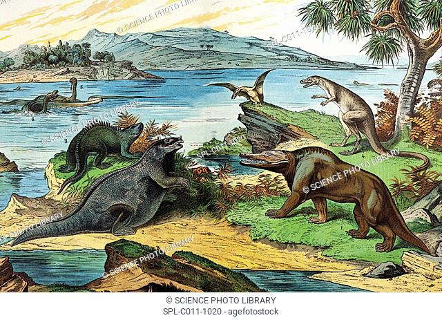 19th century lithograph of a Jurassic landscape including the dinosaurs: Megalosaurus 1, Iguanodon 2 with incorrect nose spike