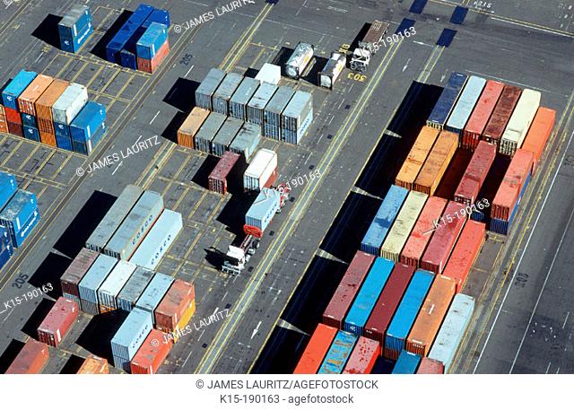 Aerial view shipping containers & truck in storage yard