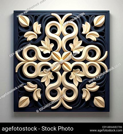 Intricate floral pattern carved in wood with symmetrical arrangement