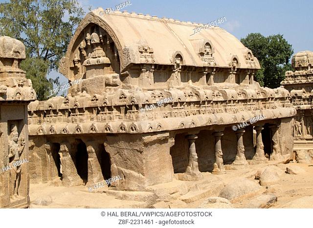 Rathas, also called pagodas, are small shrines chiseled out of solid stone boulders in the form of temple chariots eith Bhima Ratha in the center