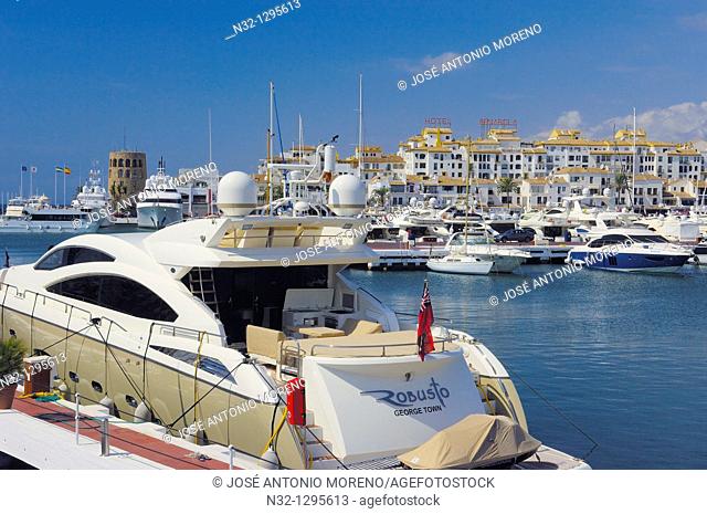 Exclusive yacht harbour of Puerto Banús, Marbella, Costa del Sol, Málaga province, Andalusia, Spain
