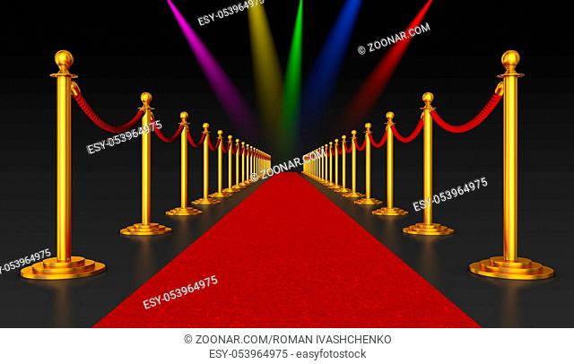 Red carpet and pillars with red ropes on the background of flashing lights. 3d render
