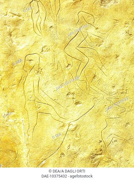 Prehistory, Italy. Mould of the rock engravings of the Cave of Addaura (Palermo province), depicting a deer hunting scene