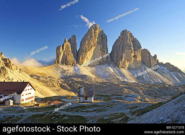 Three Peaks Hut in front of the north walls of the Three Peaks, Sesto Dolomites, Trentino-South Tyrol, Italy, Europe