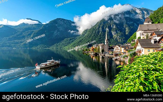 Hallstatt, lake, landscape view, boat, ship