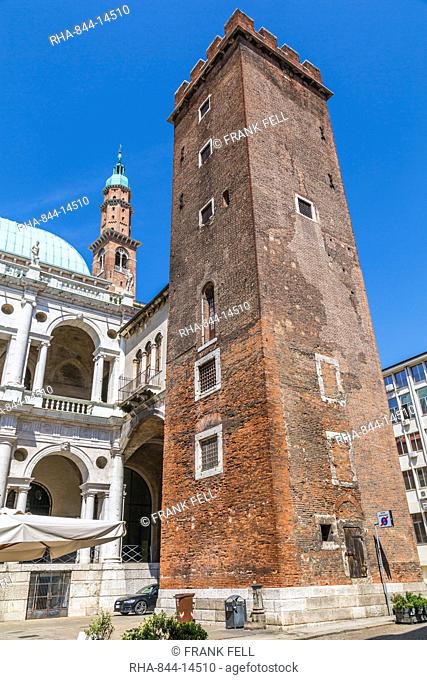 Tower of Torment and Clock tower of Palladian Basilica in Piazza Signori, Vicenza, Veneto, Italy, Europe