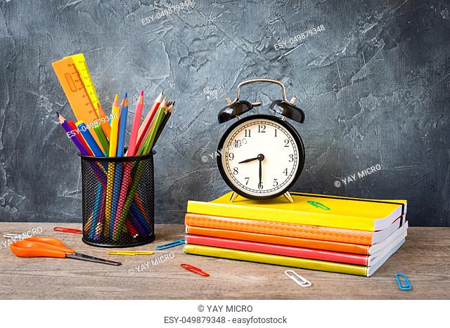 1 September concept postcard, teachers day, back to school, supplies, alarm clock, toned vintage