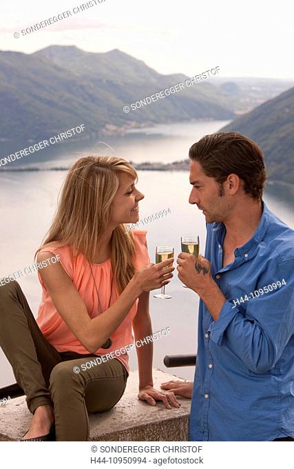 Switzerland, Europe, lake, woman, man, couple, couples, canton, TI, Ticino, Southern Switzerland, lake Lugano, Monte Bre, catering, town, city, drinking