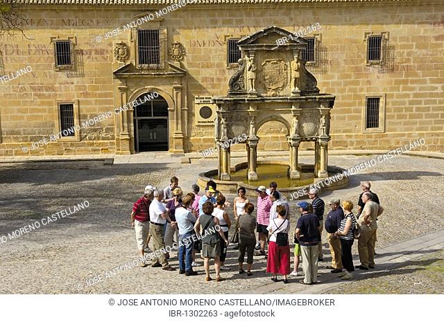 Seminario de San Felipe Neri and fountain at Santa María's square, 16th century, Baeza, Jaen province, Andalusia, Spain, Europe