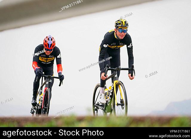 Norwegian Tobias Foss of Jumbo-Visma and US' Sepp Kuss of Jumbo-Visma pictured in action during the morning training session pictured on the media day of Dutch...