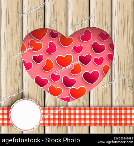 Heart hole with small hearts and wooden background. Eps 10 vector file