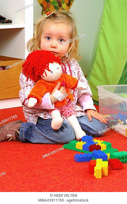 nursery, girl, component, doll, series, play people, child blond, floor, sitting, material-doll, holding, building bricks, Lego, Lego bricks, activity