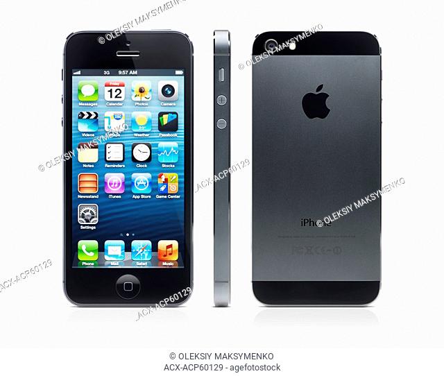 Apple iPhone 5 black with desktop icons on its display side and rear views isolated on white background with clipping path