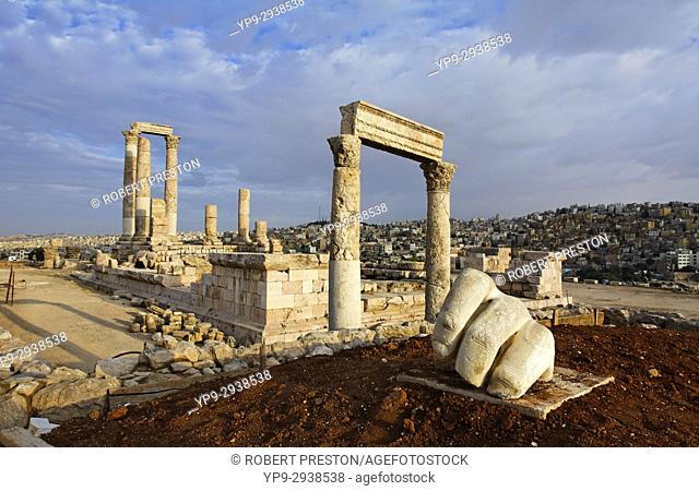 The Temple of Hercules and sculpture of a hand in the Citadel, Amman, Jordan
