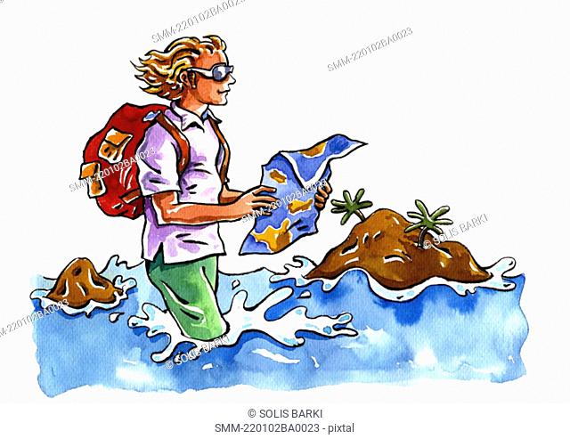 Young man wearing his clothes wading in the sea with a map and his backpack