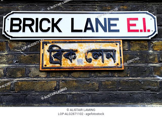 England, London, Brick Lane. Bilingual Brick Lane E1 Street Sign