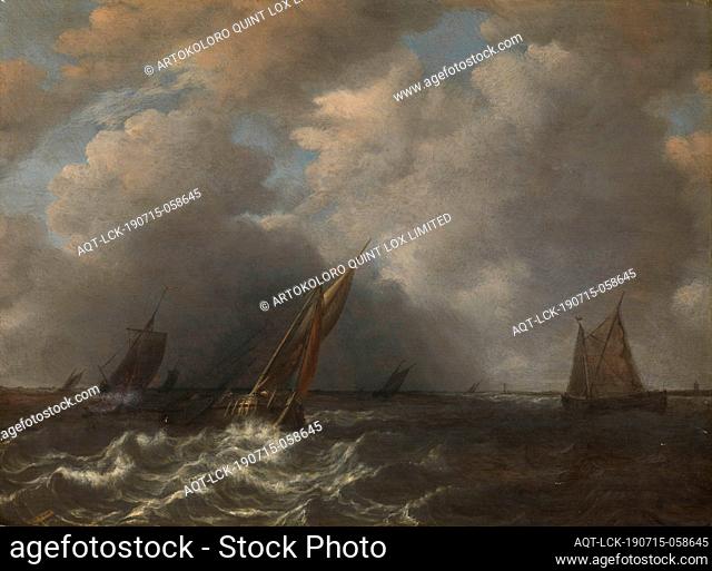 Storm on the Meuse River, Fishing vessels on the water of the river Maas in a storm., Hendrick Martensz. Sorgh, 1668, panel, oil paint (paint), h 47
