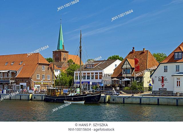 Harbour and church in Neustadt in Holstein, Ostholstein District, Schleswig-Holstein, Germany