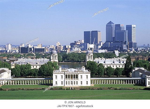 England, London, Greenwich Park with Queens House and Docklands Skyline in the Background