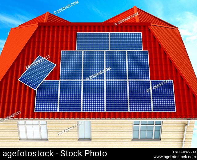 Solar panels being installed on building rooftop. 3D illustration