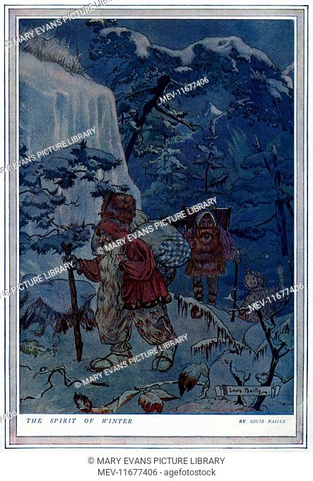 Fantasy illustration to represent winter showing two strange little bearded men hiking through a snowy landscape