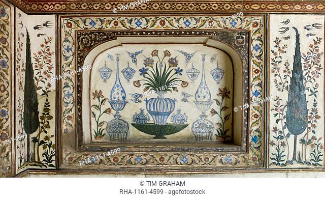 Pietra Dura stone and jewel inlay cut in marble frescoes at Tomb of Etimad Ud Doulah, 17th Century Mughal tomb built 1628, Agra, India