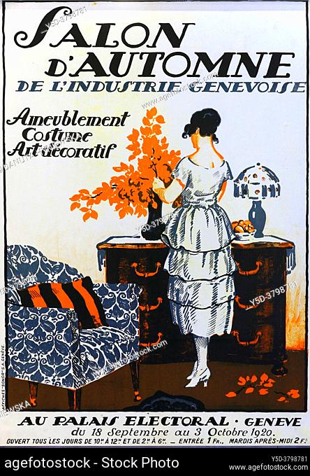 Poster by Jules Courvoisier 'Autumn Salon of Geneva Industry' from 1920, Jules Courvoisier was a Swiss poster artist, he was a student of Charles L'eplattenier...