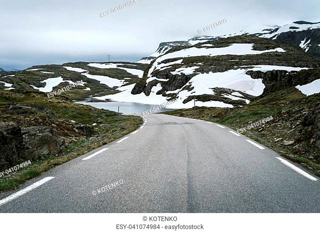 Mountain road in Norway runs from Aurlandsvangen to Laerdalsoyri