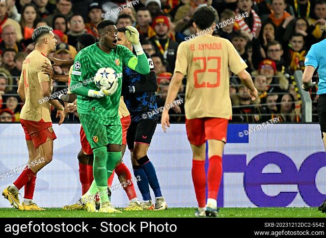 goalkeeper Brice Samba (30) of RC Lens reacts during the Uefa Champions League matchday 6 game in group B in the 2023-2024 season between Racing Club de Lens...