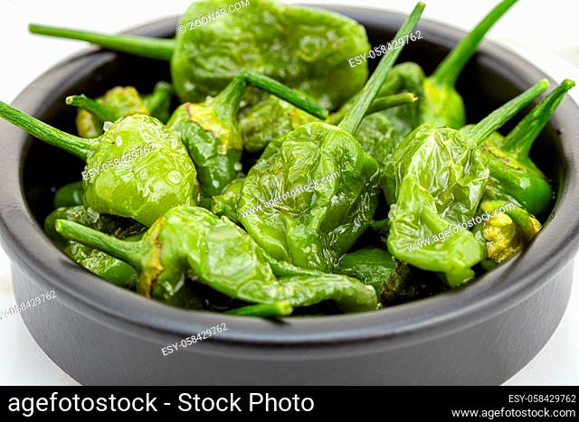 Cooked Padron peppers with olive oil and sea salt. Traditional Spanish tapas