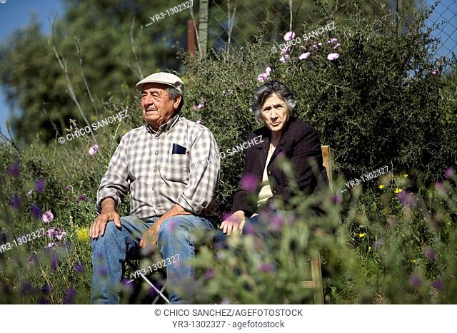An elderly couple sit during a romeria, or pilgrimage, in honor of San Isidro Labrador, the patron of farmers, in Prado del Rey village, Cadiz Province