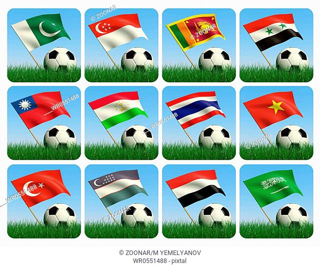 Soccer ball in the grass and the flag against the blue sky. Asian flags. 3d