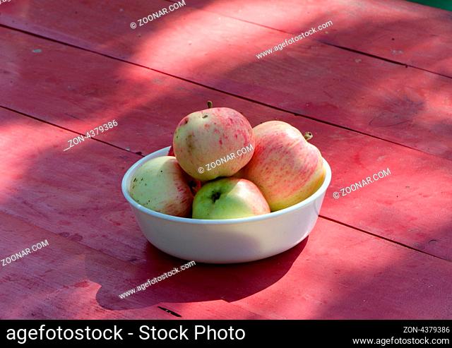 ecologic healthy apple tree fruits in white dish on red painted wooden table in rural garden yard