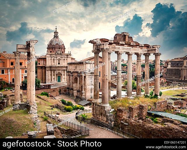 Temples and ruins of the Roman Forum in bad weather