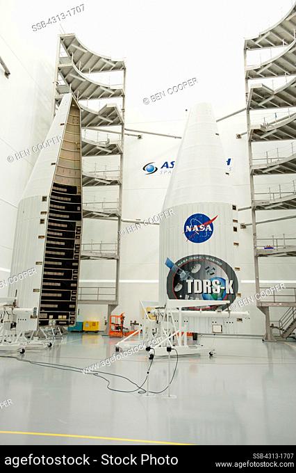 USA, Florida, Cape Canaveral, Kennedy Space Center, Part of space shuttle. Atlas V (Atlas 5) payload fairing, the bulbous top of the rocket that houses the...