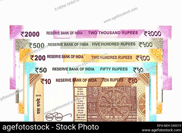 New Indian currency of 2000, 500, 200, 50 and 10 rupee notes