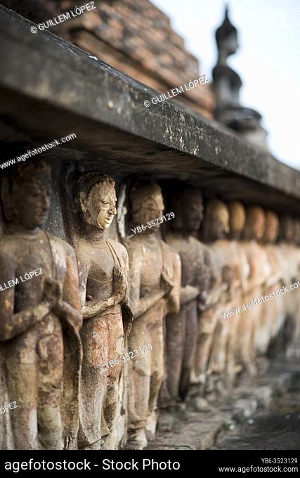 Buddhist stone carvings at the Wat Mahatat temple , Sukhothai Historical Park, Sukhothai, Thailand