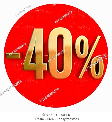 Gold 40 Percent Sign on Shabby Red Circle with Shadow, 40% Off Hot Deal and Save Money Sign, Special Offer Banner, Price Tag
