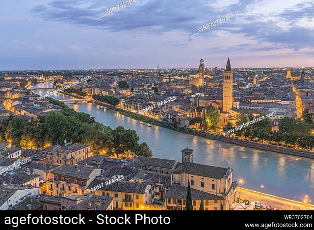 Aerial view of the Verona cityscape at sunset, Italy